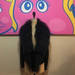 RED Valentino Navy Blue Wool Cardigan Fur Trim